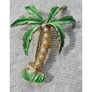 Vintage Pin Brooch Enamal 2' Palm Tree Tropical Seed Pearls Gold Tone